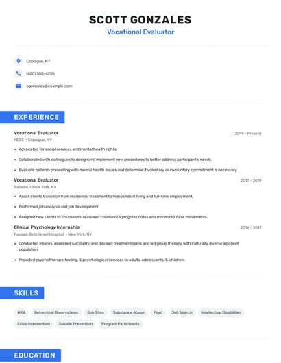 Vocational Evaluator Resume