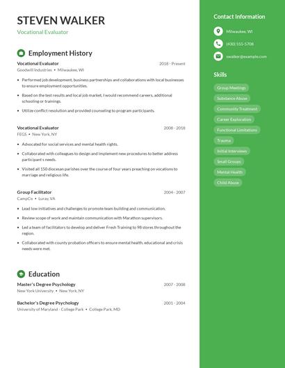 Vocational Evaluator Resume