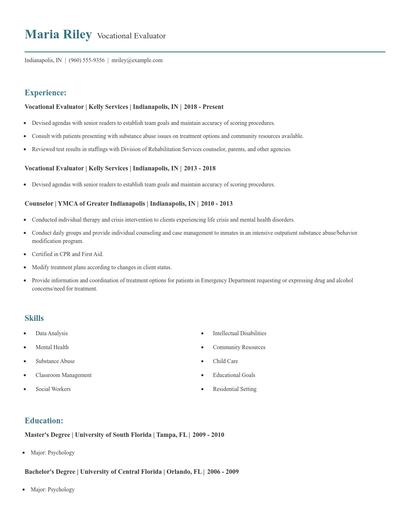 Vocational Evaluator Resume