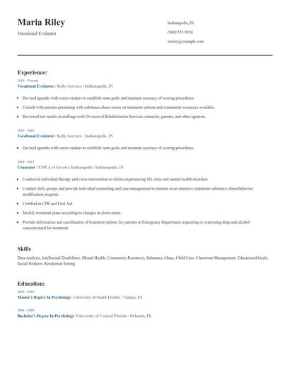 Vocational Evaluator Resume