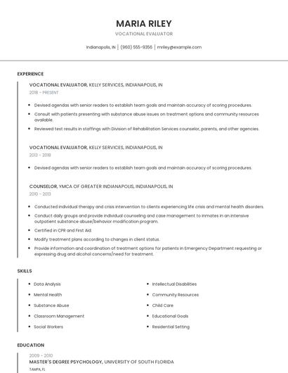 Vocational Evaluator Resume
