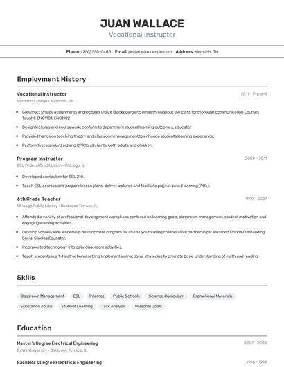 Vocational Instructor Resume