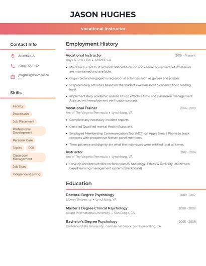 Vocational Instructor Resume
