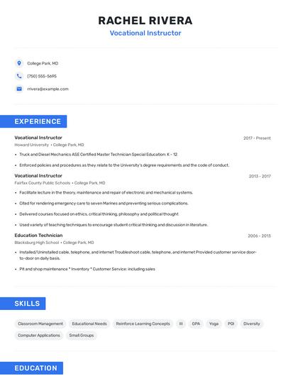 Vocational Instructor Resume