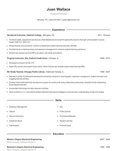 Vocational Instructor Resume