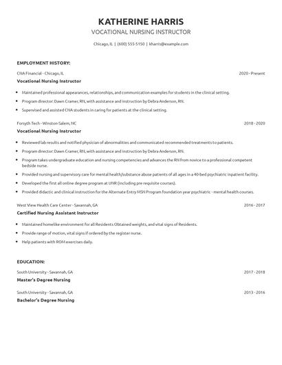 Vocational Nursing Instructor Resume