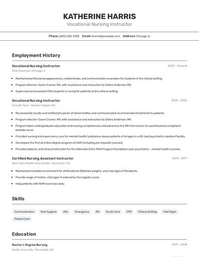 Vocational Nursing Instructor Resume