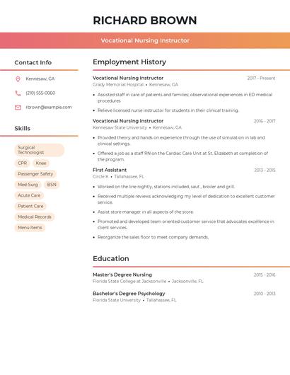 Vocational Nursing Instructor Resume