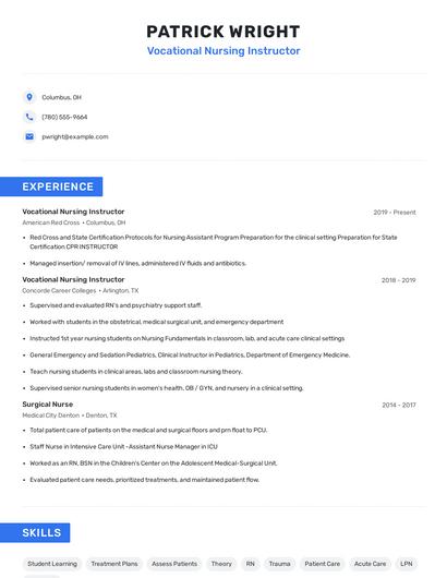 Vocational Nursing Instructor Resume