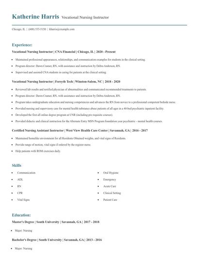 Vocational Nursing Instructor Resume