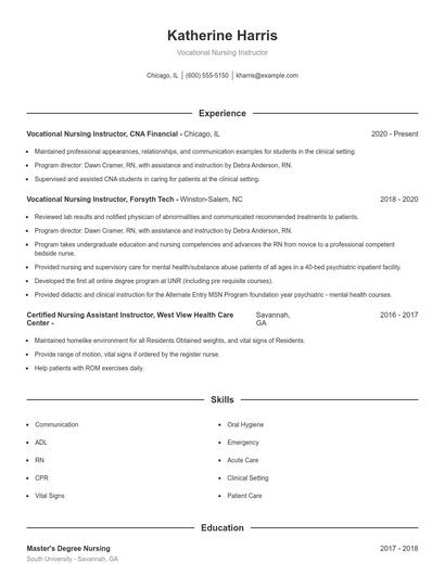 Vocational Nursing Instructor Resume