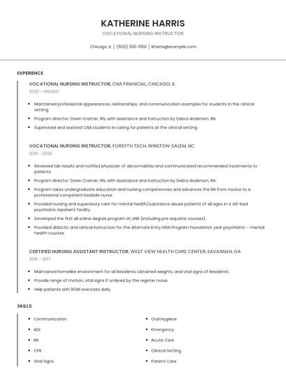 Vocational Nursing Instructor Resume