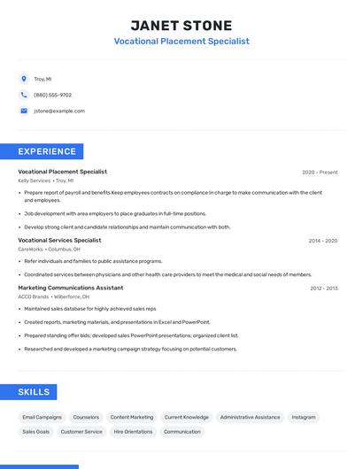 Vocational Placement Specialist Resume