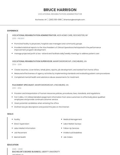 Vocational Rehabilitation Administrator Resume