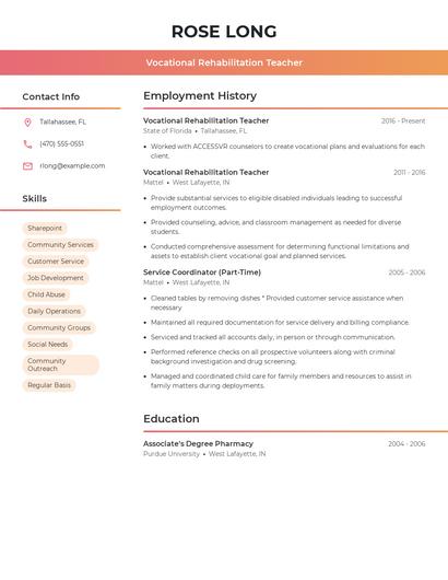 Vocational Rehabilitation Teacher Resume