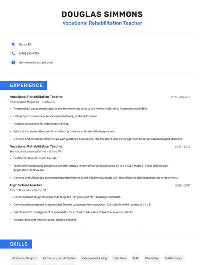 Vocational Rehabilitation Teacher Resume