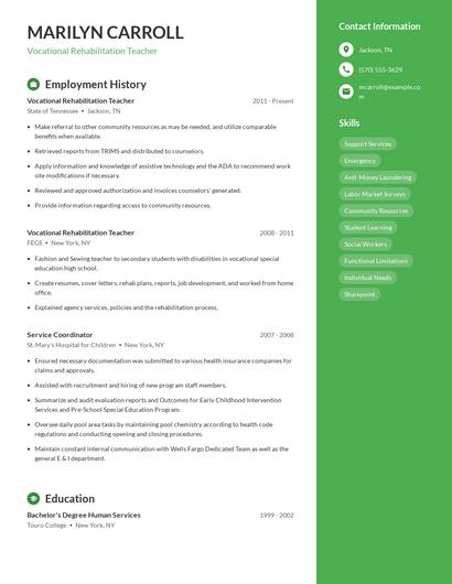 Vocational Rehabilitation Teacher Resume