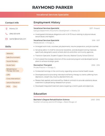 Vocational Services Specialist Resume