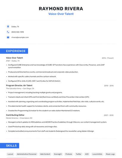 Voice-Over Talent Resume