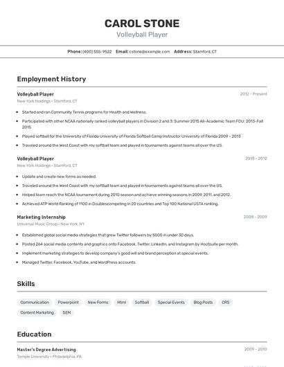 Volleyball Player Resume