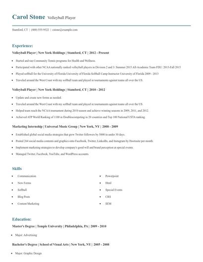 Volleyball Player Resume