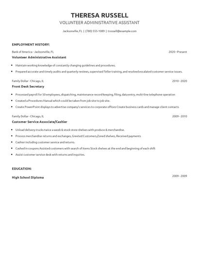 Volunteer Administrative Assistant Resume