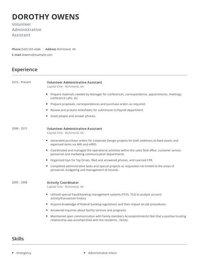Volunteer Administrative Assistant Resume