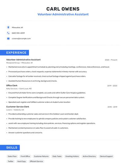 Volunteer Administrative Assistant Resume