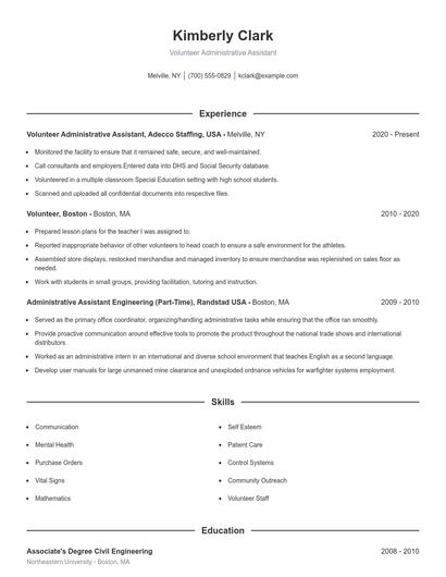 Volunteer Administrative Assistant Resume