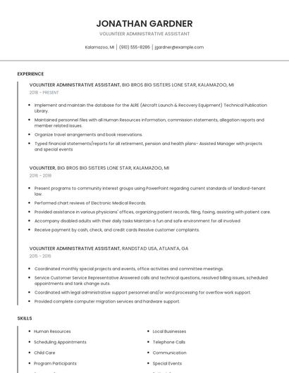 Volunteer Administrative Assistant Resume
