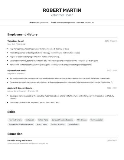 Volunteer Coach Resume