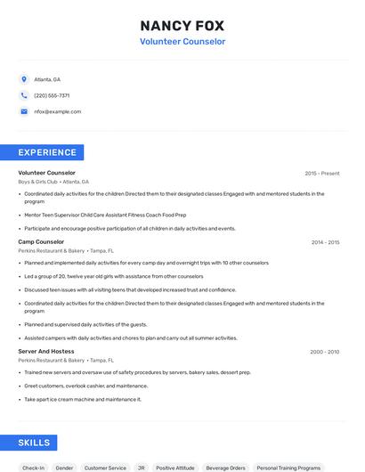 Volunteer Counselor Resume
