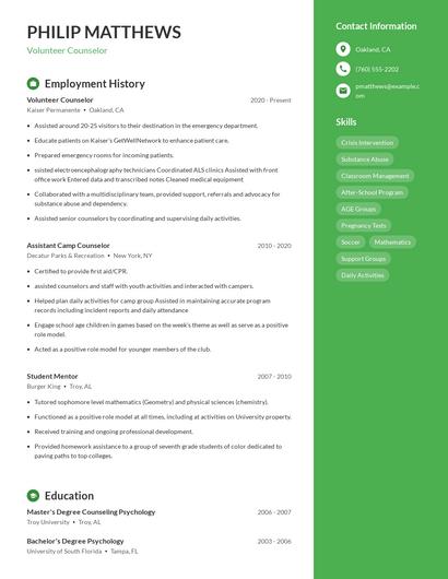 Volunteer Counselor Resume