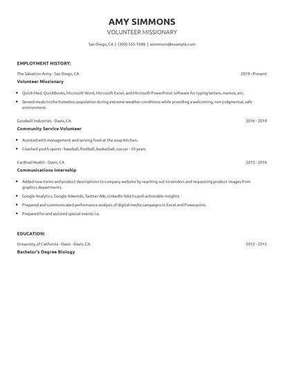 Volunteer Missionary Resume