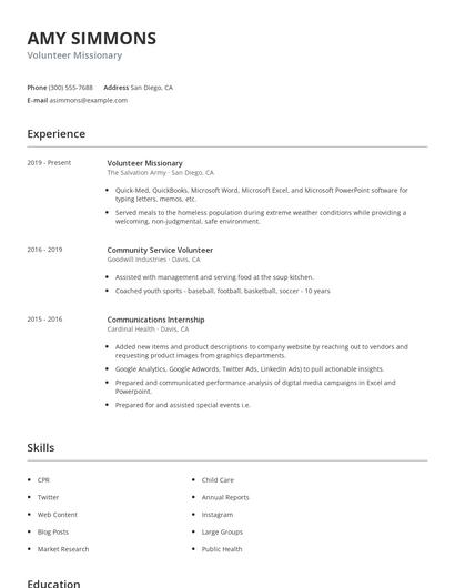 Volunteer Missionary Resume