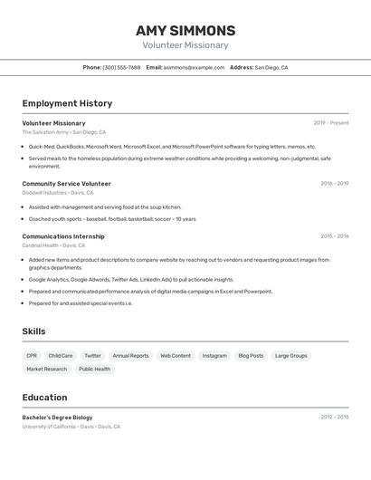Volunteer Missionary Resume