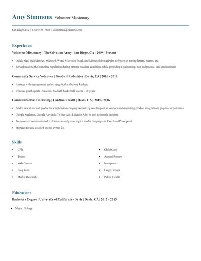 Volunteer Missionary Resume