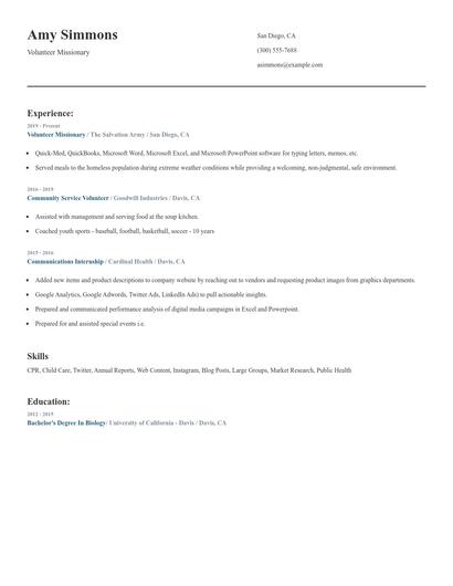 Volunteer Missionary Resume