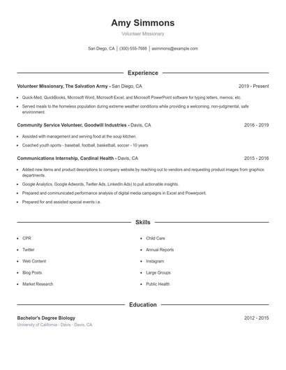 Volunteer Missionary Resume