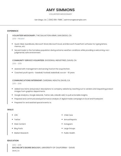 Volunteer Missionary Resume