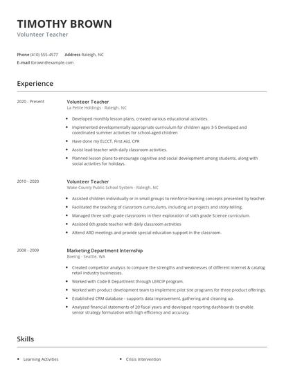 Volunteer Teacher Resume