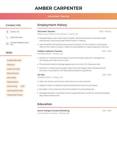 Volunteer Teacher Resume