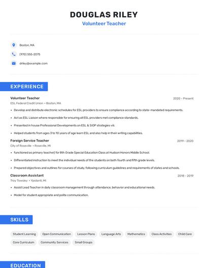Volunteer Teacher Resume