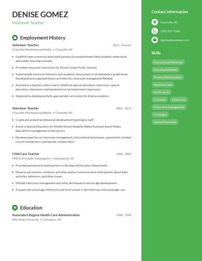 Volunteer Teacher Resume