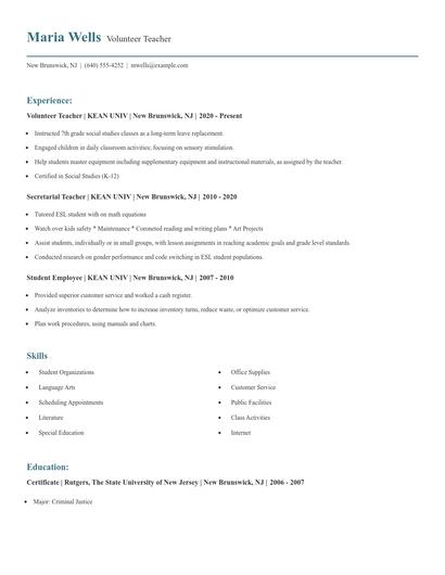 Volunteer Teacher Resume