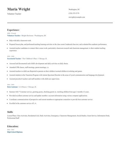 Volunteer Teacher Resume
