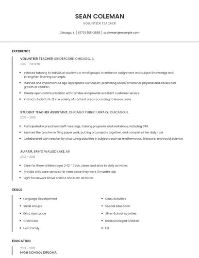 Volunteer Teacher Resume