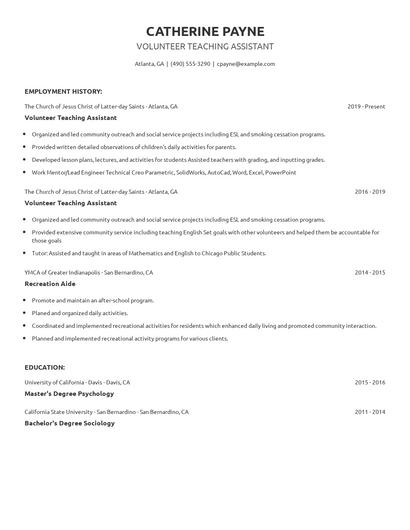 Volunteer Teaching Assistant Resume