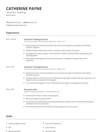 Volunteer Teaching Assistant Resume