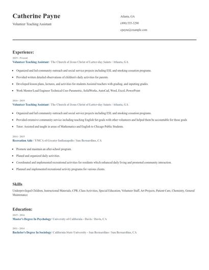 Volunteer Teaching Assistant Resume